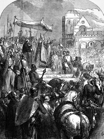 Le pape Urbain II (vers 1035-99) prêchant la première croisade sur la place du marché de Clermont en 1095 - English School